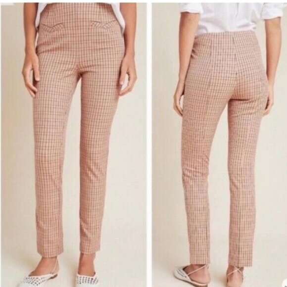 Anthropologie Womens Size 8 The Essential Slim Pant Pink Tan Plaid Trouser - Picture 1 of 11